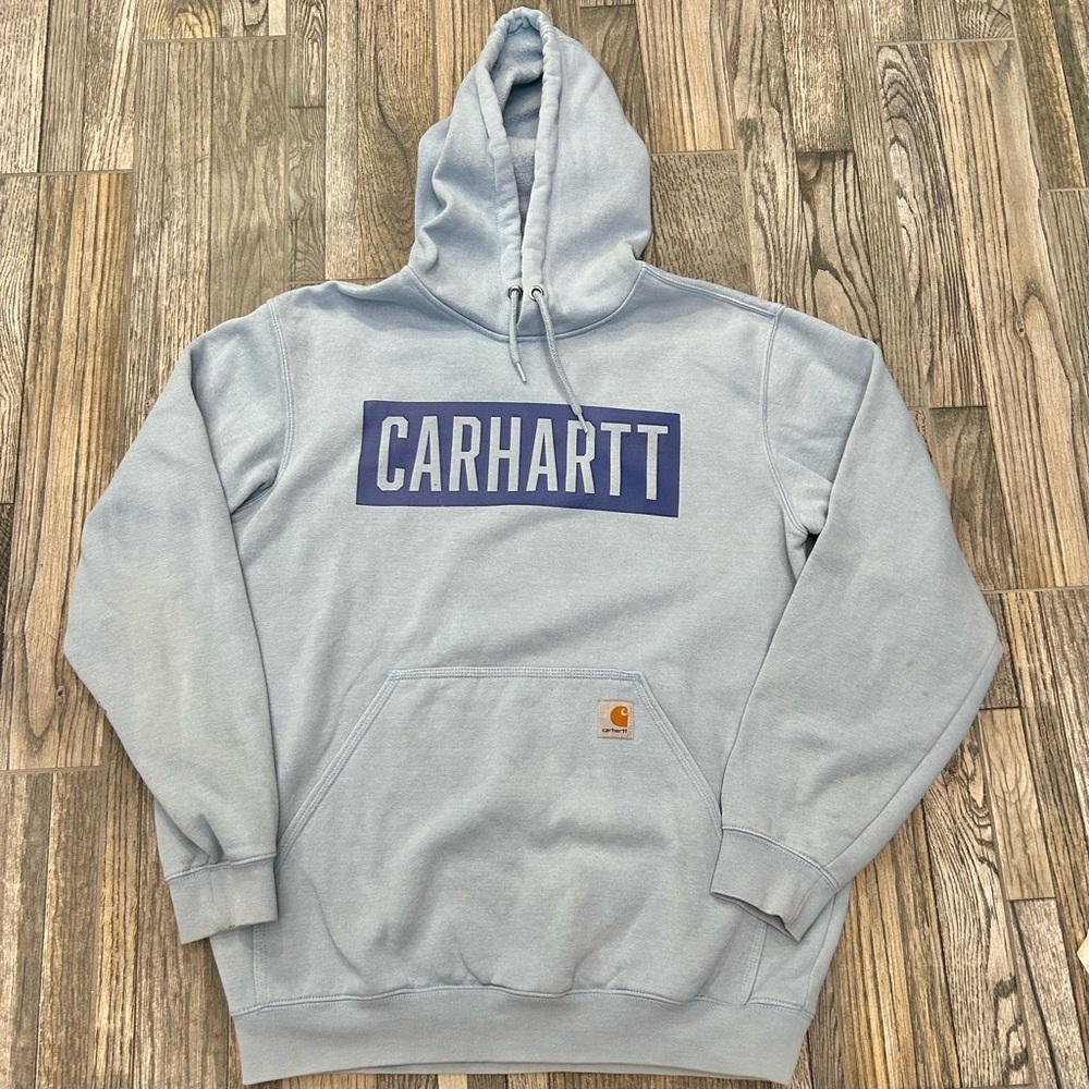 🔥🔥 CARHARTT Men's Loose Fit Midweight Light Blue Logo Graphic Hoodie Sz Med.